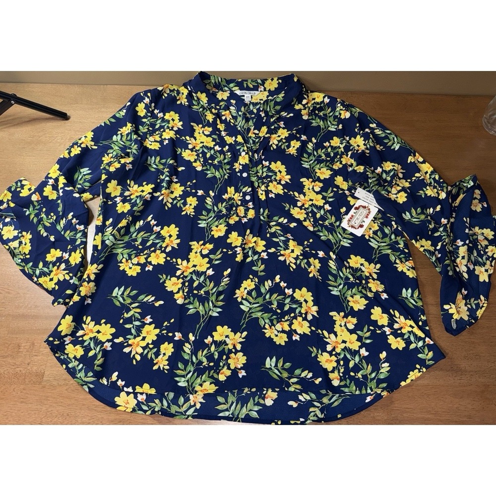 Pioneer Woman Navy Yellow Floral Bell Sleeve Blouse Top 3XL NWT 912R
